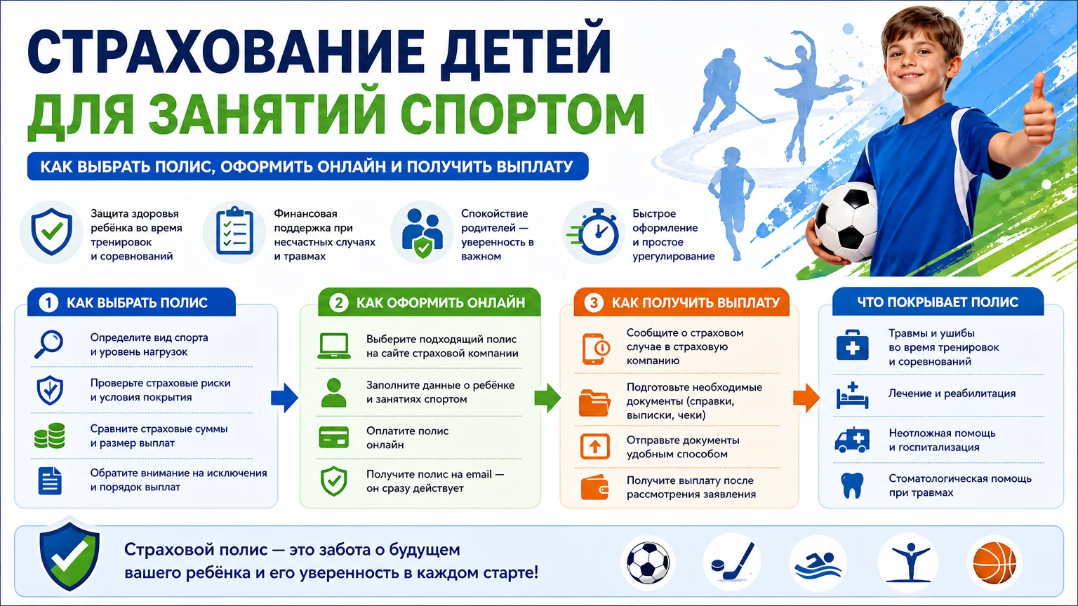 Страхование детей для занятий спортом: как выбрать полис, оформить онлайн и получить выплату