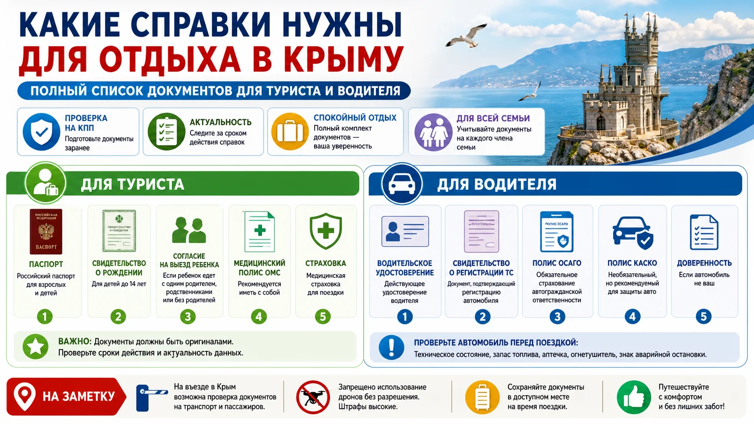 Какие справки нужны для отдыха в Крыму: полный список документов для туриста и водителя
