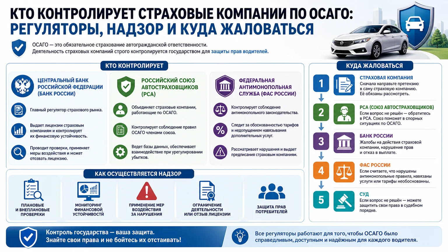 Кто контролирует страховые компании по ОСАГО: регуляторы, надзор и куда жаловаться