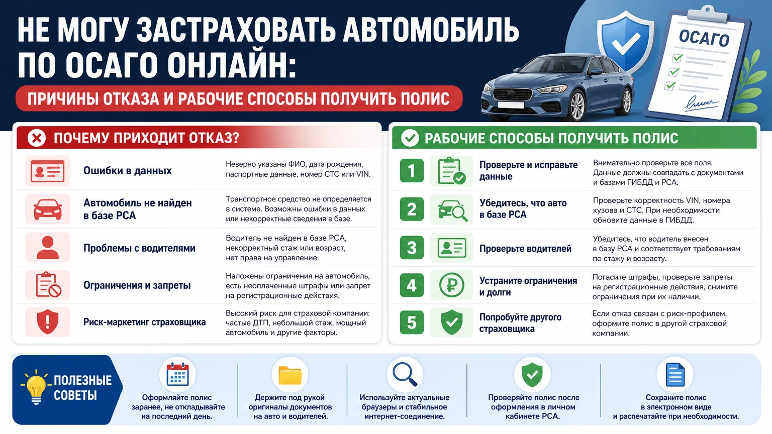 Не могу застраховать автомобиль по ОСАГО онлайн: причины отказа и рабочие способы получить полис