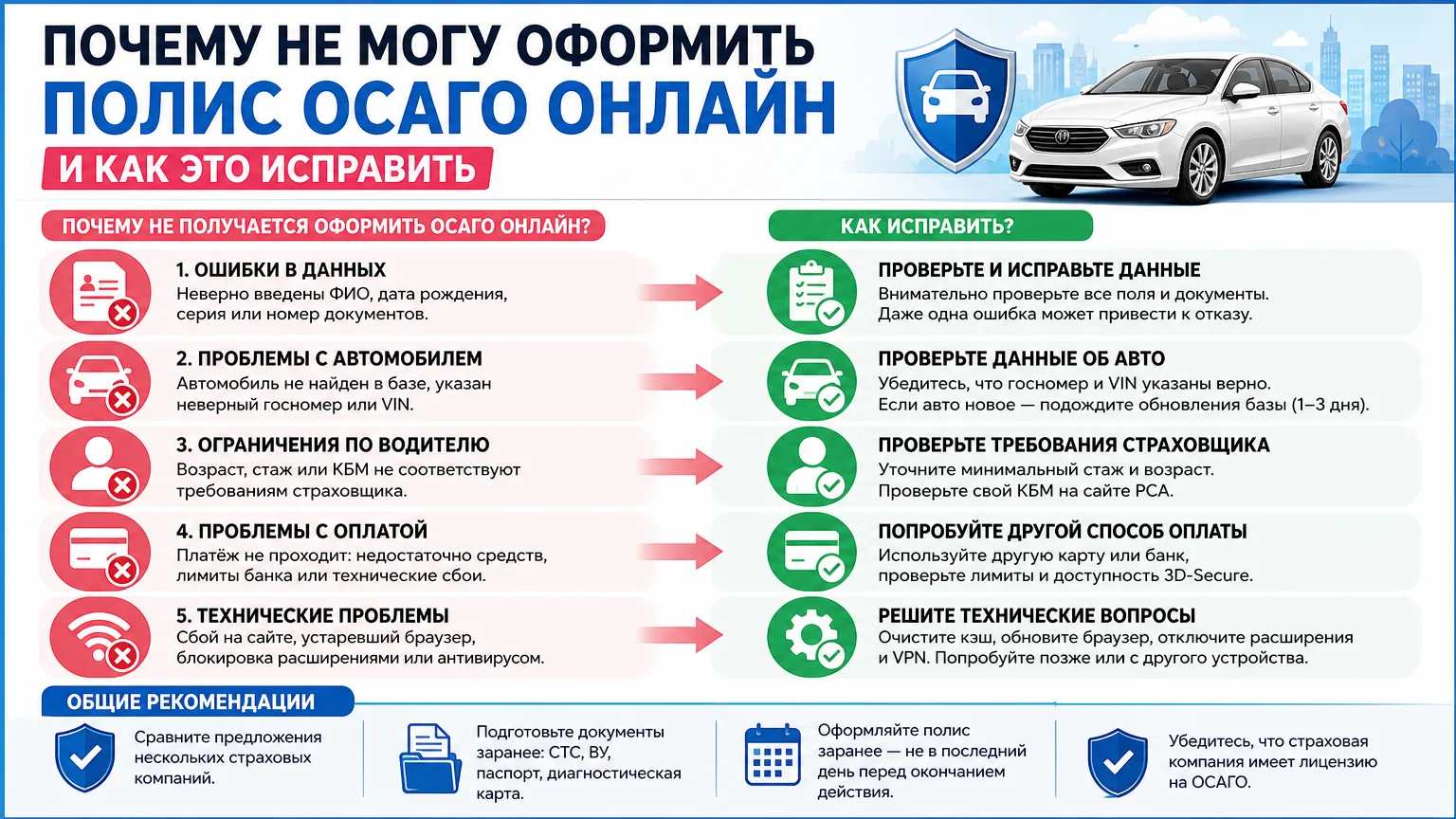 Почему не могу оформить полис ОСАГО онлайн и как это исправить