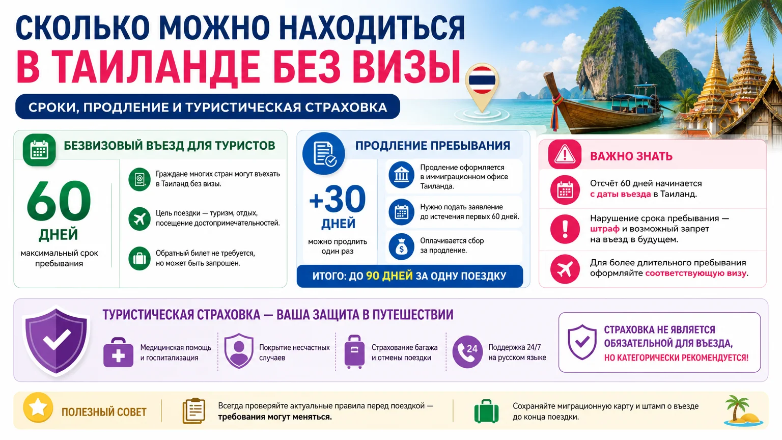 Сколько можно находиться в Таиланде без визы: сроки, продление и туристическая страховка
