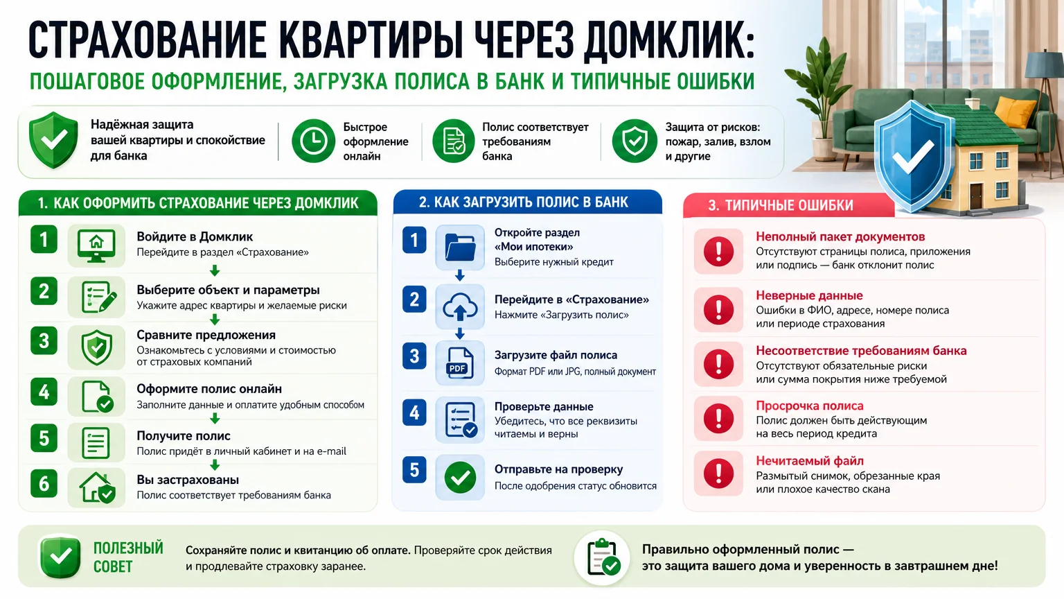 Страхование квартиры через Домклик: пошаговое оформление, загрузка полиса в банк и типичные ошибки