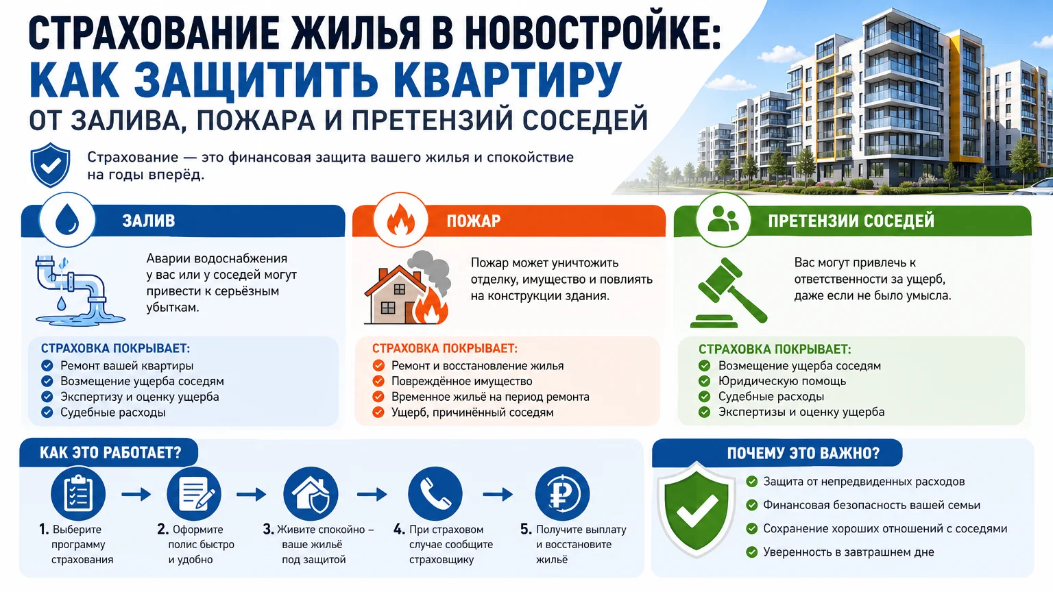 Страхование жилья в новостройке: как защитить квартиру от залива, пожара и претензий соседей